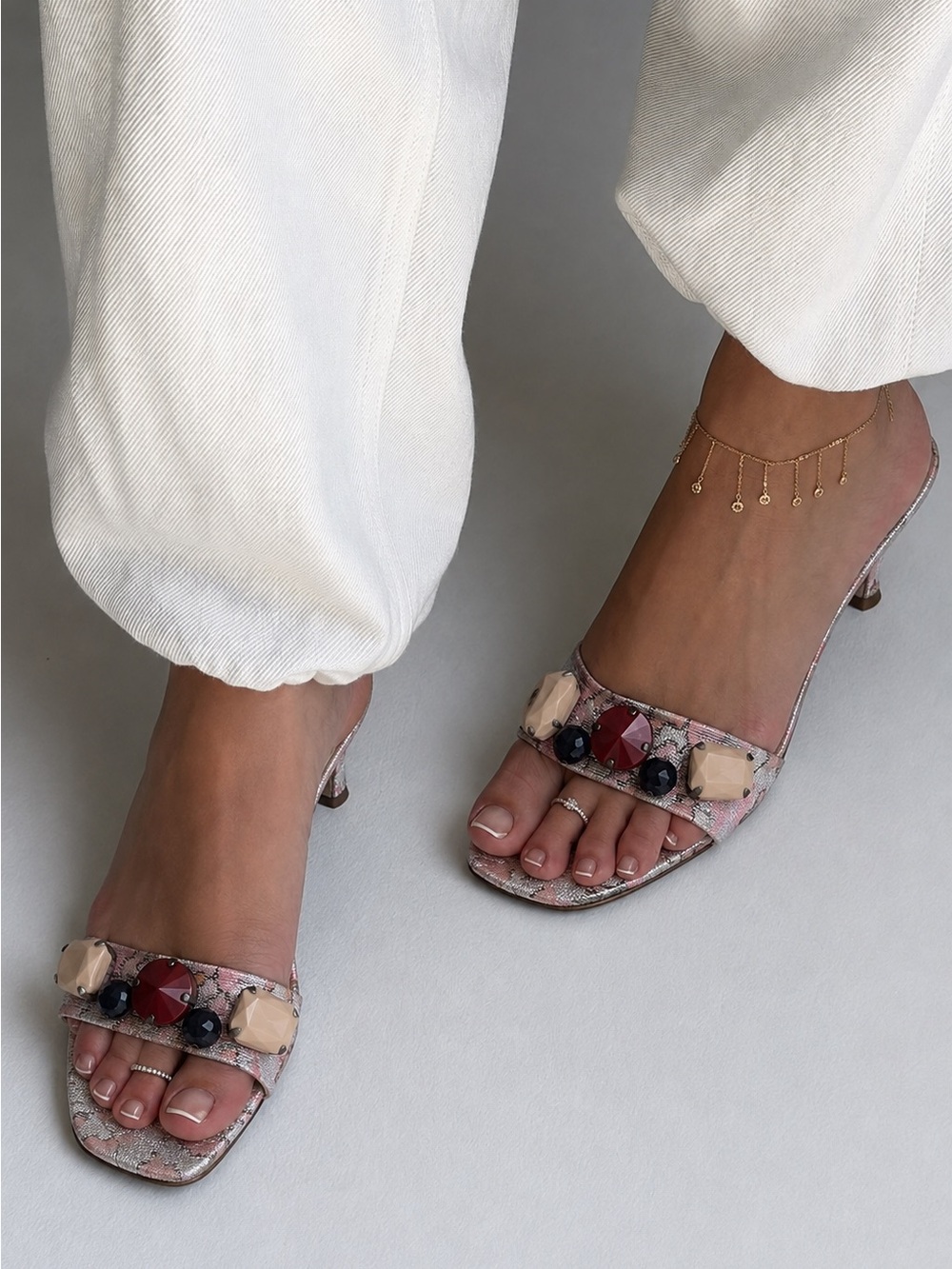 Vintage Prada SS 2003 Pink Silver Brocade Jeweled Kitten Heel Mules – US 8.5